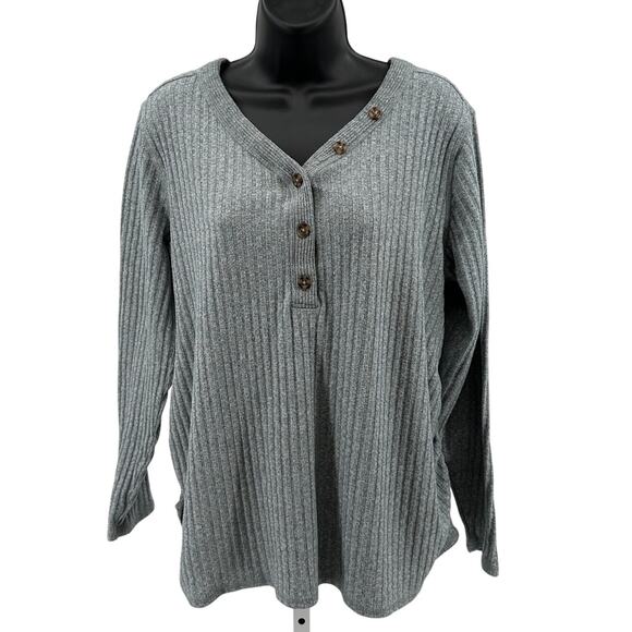 Isabel Maternity Sweater WMNS L Gray Ribbed Knit V-Neck Henley Ruched Pullover - Picture 1 of 7